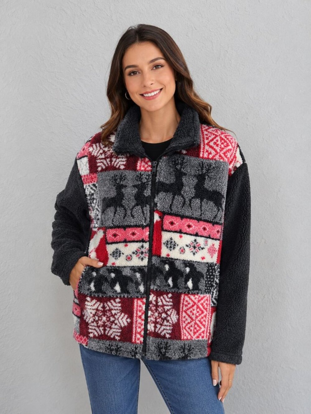 Out Brook Christmas Fleece Jacket Full Zipper Novelty Size L Novelty Cabincore